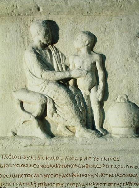 Relief depicting a visit to the doctor  with Greek inscription from Roman