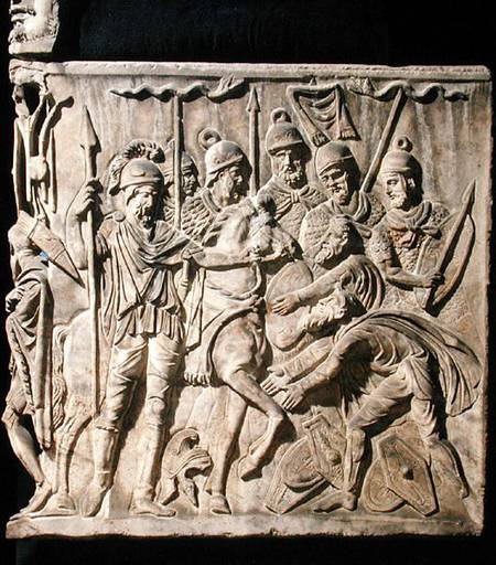 Relief from a sarcophagus depicting the submission of a barbarian to a Roman troop from Roman