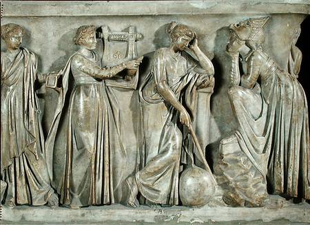 Sarcophagus of the Muses, detail depicting Terpsichore, Urania and Melpomene from Roman