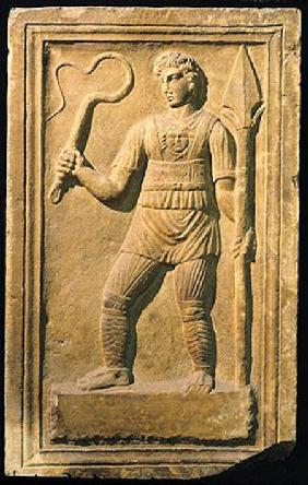 Relief depicting a gladiator holding a whip and a spear