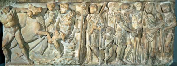Sarcophagus depicting Jason and the fire breathing bull at Colchis from Roman