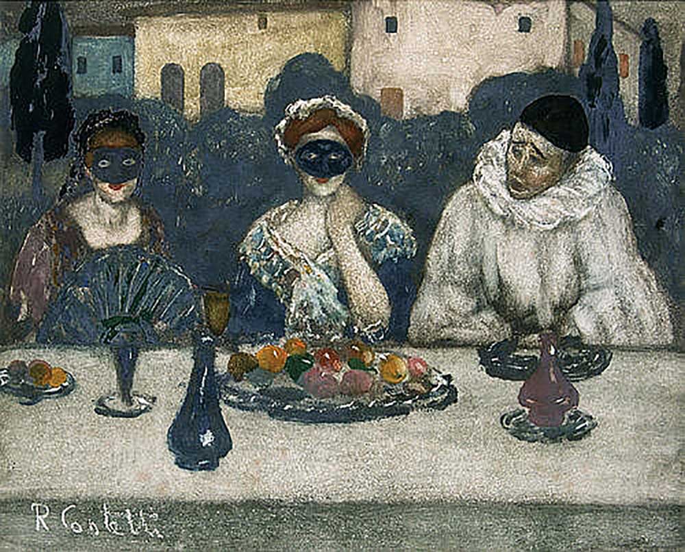 Two masked ladies and a Pierrot at a table from Romeo Costetti