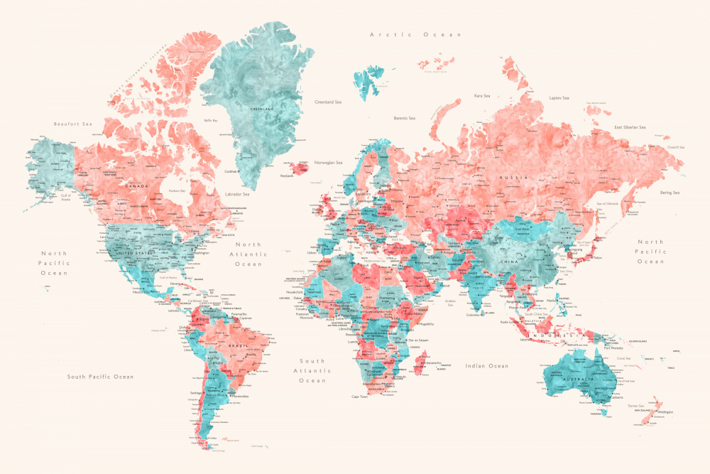 Watercolor world map with cities, Charlotte from Rosana Laiz Blursbyai