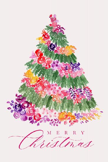 Floral watercolor merry Christmas tree