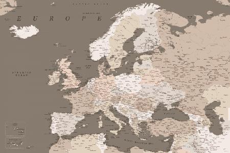 Earth tones detailed map of Europe