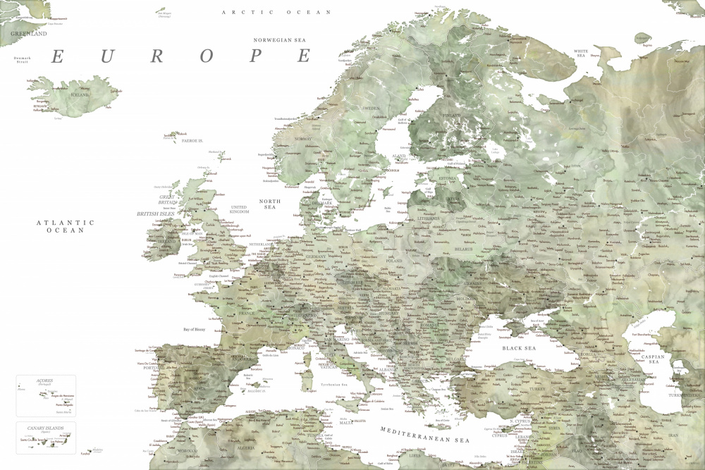 Green detailed map of Europe from Rosana Laiz Blursbyai