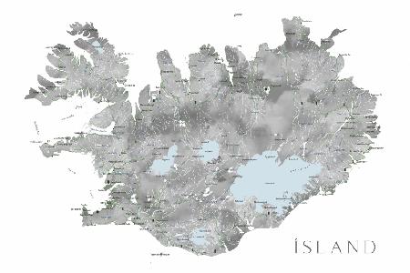 Island - Iceland map in gray watercolor with native labels