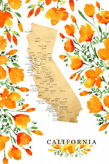 California map with watercolor poppies