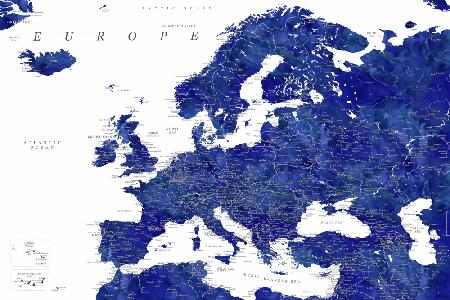 Navy blue detailed map of Europe