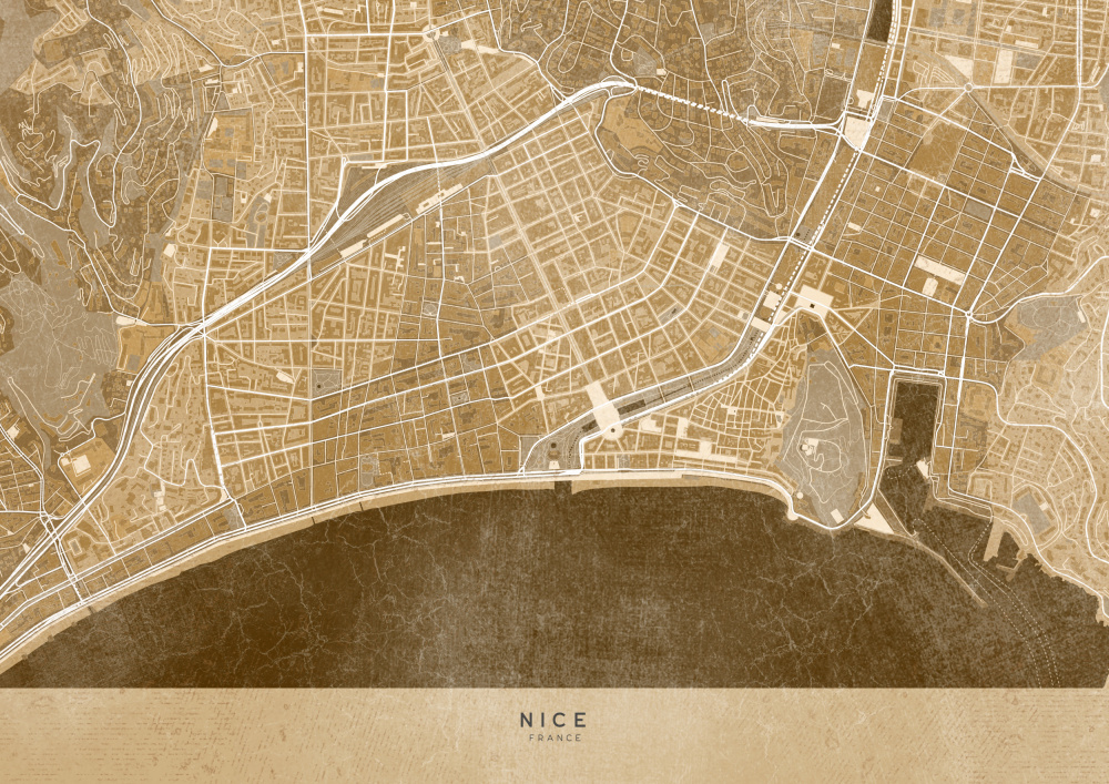 Sepia vintage map of Nice downtown France from Rosana Laiz Blursbyai
