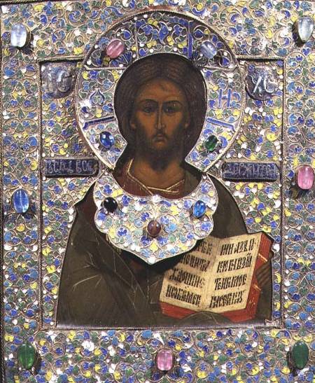 Christ Pantocrator, icon  panel with gilt and cloisonne enamel frame) from Russian School