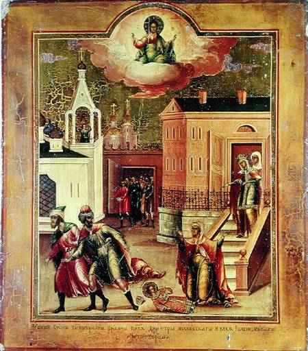 Icon depicting the Assasination of Dmitri Ivanovich (1583-91) in Ouglicht from Russian School