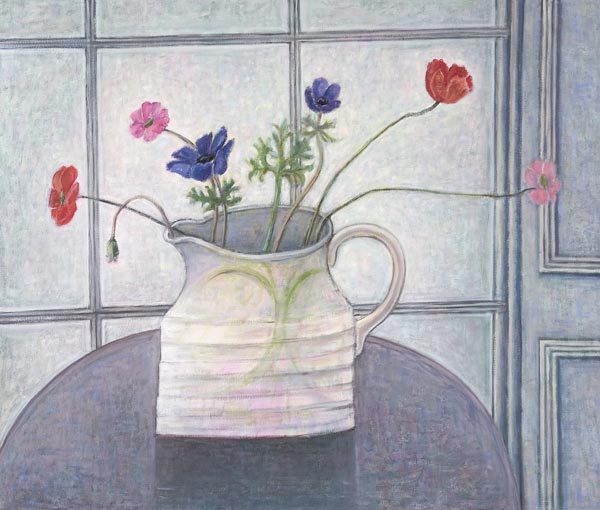 Anemones and Poppies, 2008 (oil on canvas) jug; flowers; still life; inetrior; window; table; white  from Ruth  Addinall