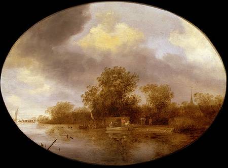 River landscape with men unloading lobster pots from Salomon van Ruisdael or Ruysdael