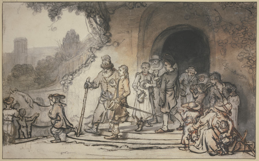 Ein junger Mann, gestiefelt und gespornt, tritt begleitet von seinem alten Vater und seiner Familie  from Samuel van Hoogstraten