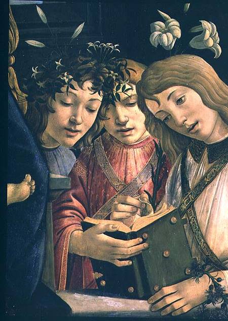 Madonna and child with the young St. John the Baptist and angels: detail showing three angels from Sandro Botticelli