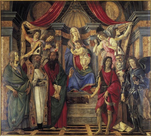 Thronende Madonna mit dem Kinde, Engeln und den Heiligen Katharina von Alexandrien, Augustinus, Barn from Sandro Botticelli