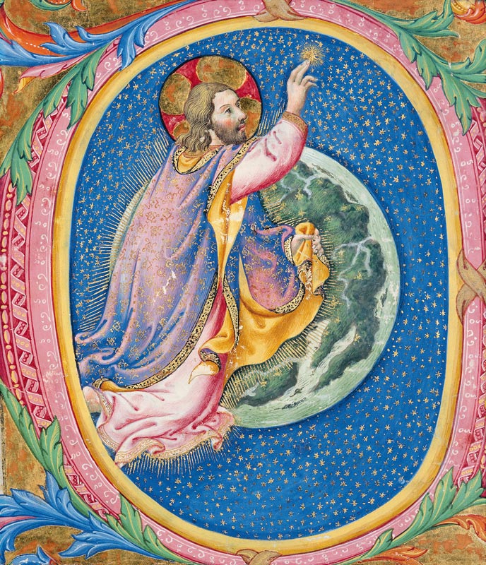 Historiated initial 'O' depicting God creating the stars (vellum) from Sano di, also Ansano di  di Mencio Pietro