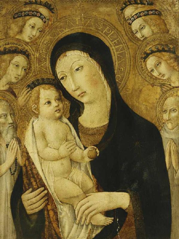 Madonna mit Kind und den Heiligen Antonius der Große und Bernhardin von Siena, umgeben von Engeln. from Sano di Pietro