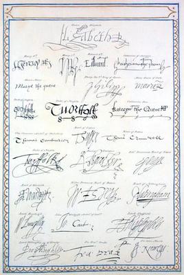Reproduction of Signatures of the Tudors and their Court from 'Memoirs of the Court of Queen Elizabe from Sarah Countess of Essex