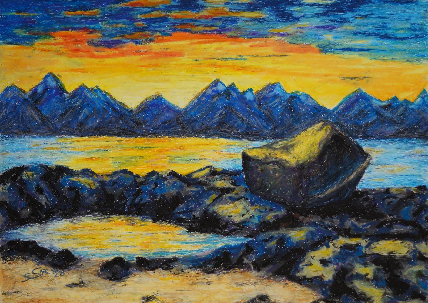 Sonnenuntergang hinter den Lofoten, Strand mit Stein in Sommersel, Hamaroy, Nord-Norwegen from Eva Seltmann-Reinig