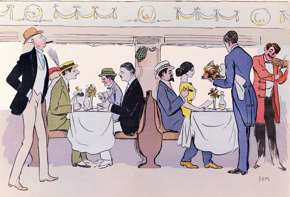 Restaurant Car in the Paris to Nice Train, 1913 (colour litho) from Sem