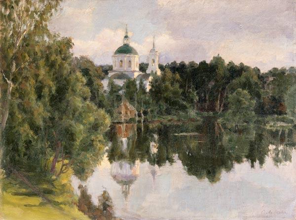Look at a Russian cloister over the river