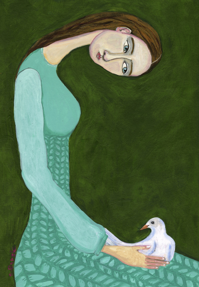 Lady sitting with white dove bird woman from Sharyn Bursic