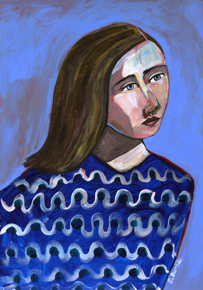 Woman in Blue Sweater Naive Portrait Figurative from Sharyn Bursic