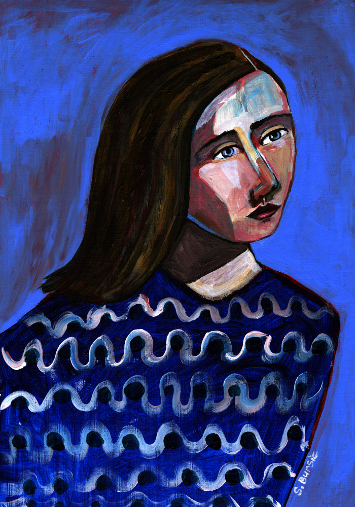 Woman in Blue Sweater Naive Portrait Figurative from Sharyn Bursic