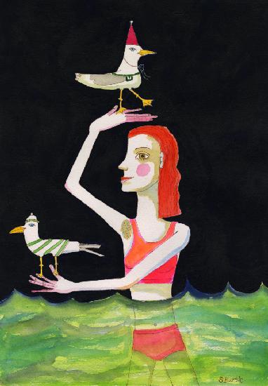Swimming Lady with birds