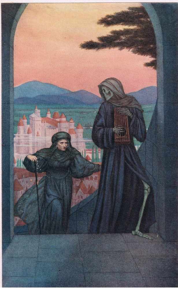 The Dance of Death. Death playing a dulcimer. Behind him a poor old woman with a rosary from Sidney Meteyard
