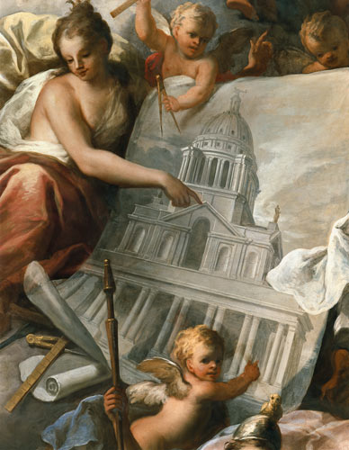 Ceiling of the Painted Hall, detail showing a drawing of the exterior of the Painted Hall from Sir James Thornhill
