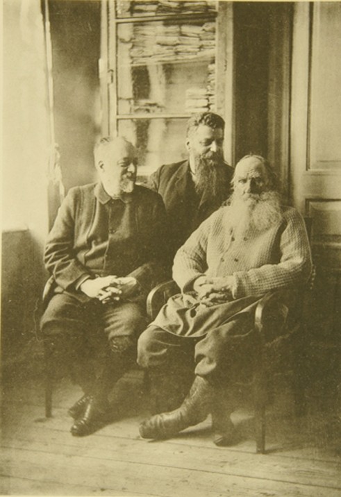 Leo Tolstoy with the politician Mikhail Stakhovich (1861-1923) and the son-in-law Mikhail Sukhotin ( from Sophia Andreevna Tolstaya