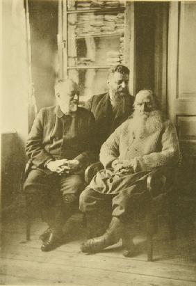 Leo Tolstoy with the politician Mikhail Stakhovich (1861-1923) and the son-in-law Mikhail Sukhotin (