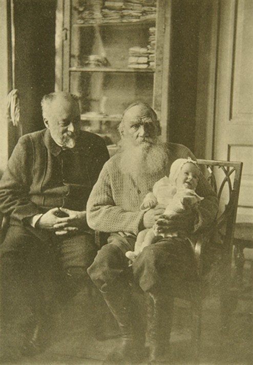 Leo Tolstoy with the son-in-law Mikhail Sukhotin and granddaughter Tatiana from Sophia Andreevna Tolstaya