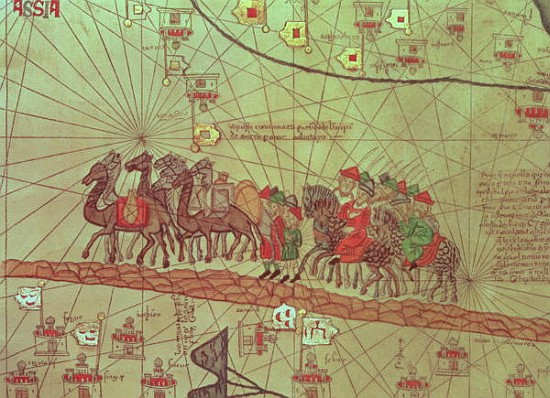 Catalan Atlas, detail showing the family of Marco Polo (1254-1324) travelling camel caravan from Spanish School
