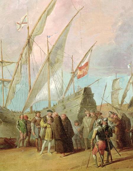 Departure of Christopher Columbus (1451-1506) from Palos, detail of the central group from Spanish School