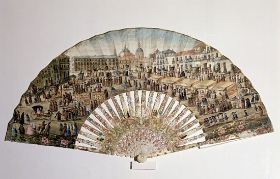 Fan depicting the Plaza de la Cebada, Madrid (ivory & gouache on paper) from Spanish School