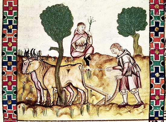 Fol.237r A farmer teaching his son to plough a field from Spanish School