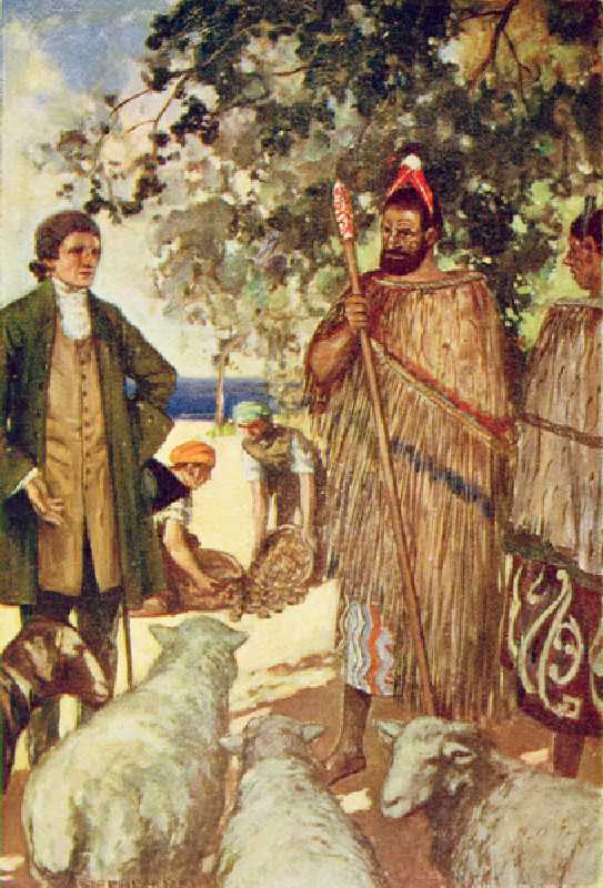 Captain Cook (1728-79) presents the natives with some sheep and goats, illustration from The Book of from Stephen Reid