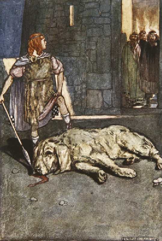 Cuchalain slays the Hound of Culain, illustration from Cuchulain, The Hound of Ulster, by Eleanor Hu from Stephen Reid