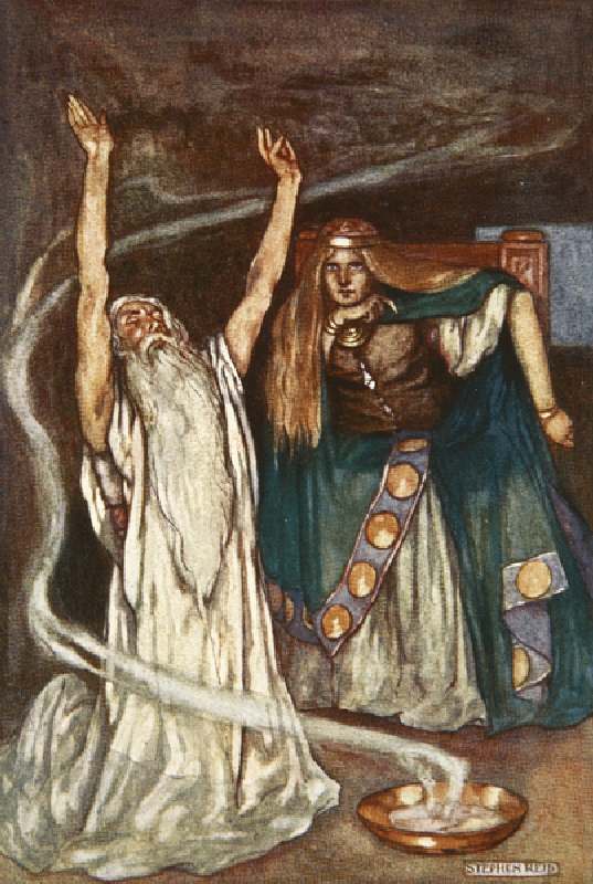 Queen Maeve and the Druid, illustration from Cuchulain, The Hound of Ulster, by Eleanor Hull (1860-1 from Stephen Reid
