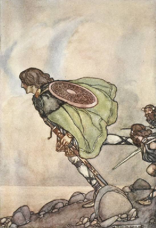 They ran him by hill and plane, illustration from The High Deeds of Finn, and other Bardic Romances  from Stephen Reid