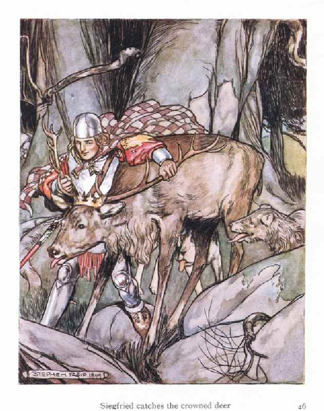 Siegried catches the crowned deer (colour litho) from Stephen Reid