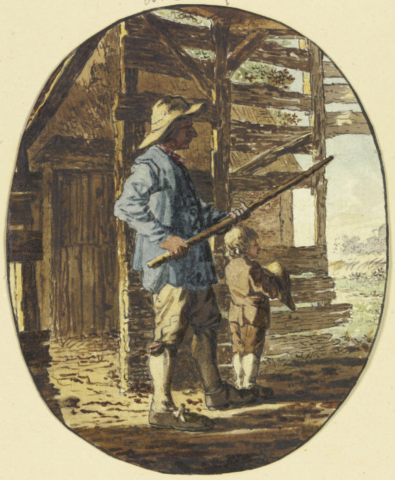 In einem Bretterverschlag steht ein Mann mit einem Stock in abwehrender Haltung, vor ihm ein Knabe,  from Steven Goblé