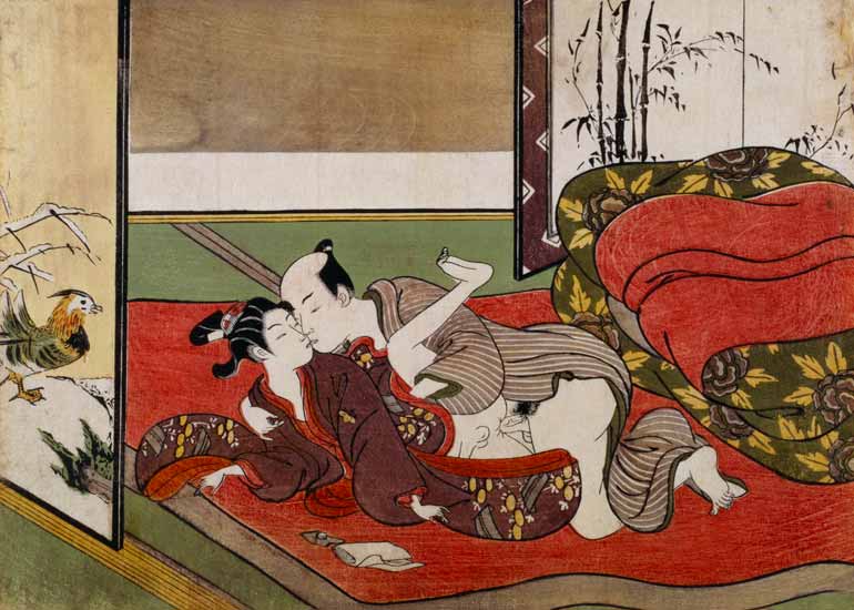 A 'Shunga', from a series of twenty four erotic prints: lovers, a man and a boy, 1725-70 from Suzuki Harunobu