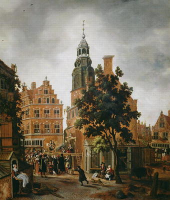 The Munt Tower with a Quack Praising his Merchandise, Amsterdam (oil on panel) from Sybrandt van Beest