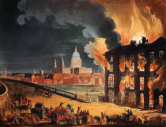 Fire at Albion Mill, Blackfriars Bridge, from Ackermann''s ''Microcosm of London'' c.1808-11 from T. Rowlandson
