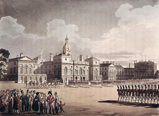 Mounting Guard at St. James''s Park; engraved by J. Bluck, pub. 1809Ackermann''s ''Repository of Art from T. Rowlandson